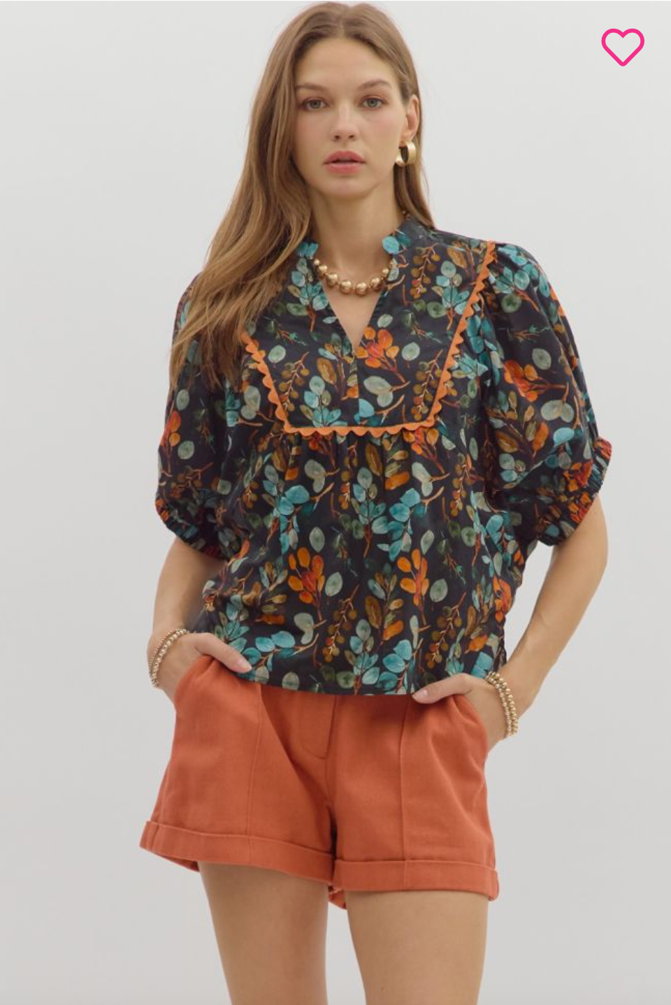Scallop Trim Botanical Print Top - Black