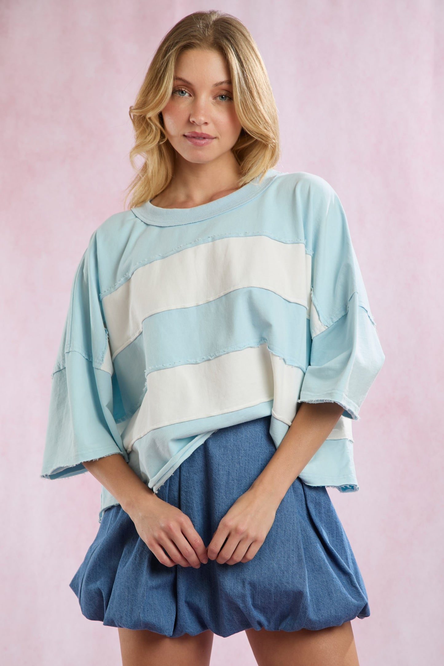 Cut Edge Color Blocked Washed Tee