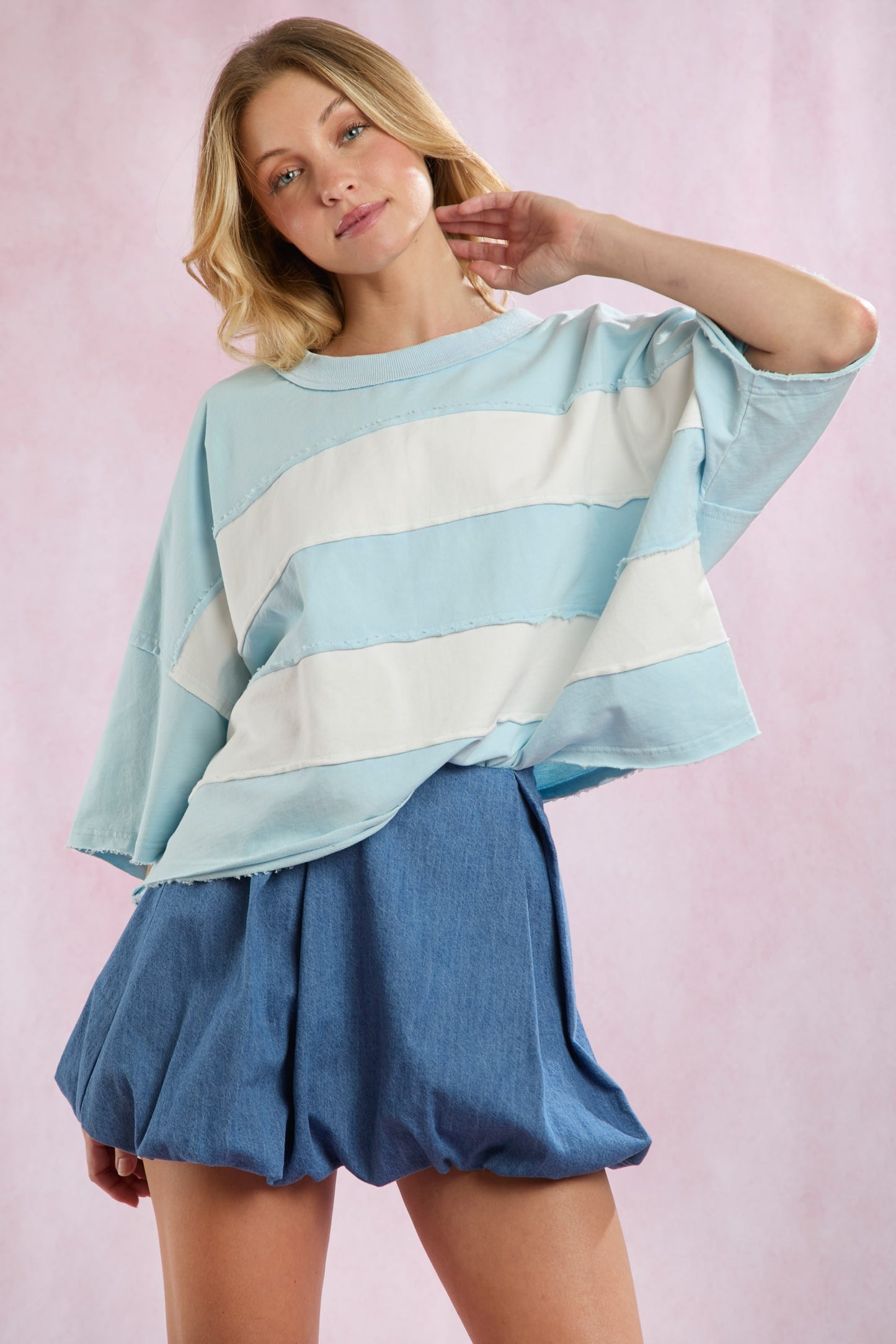 Cut Edge Color Blocked Washed Tee