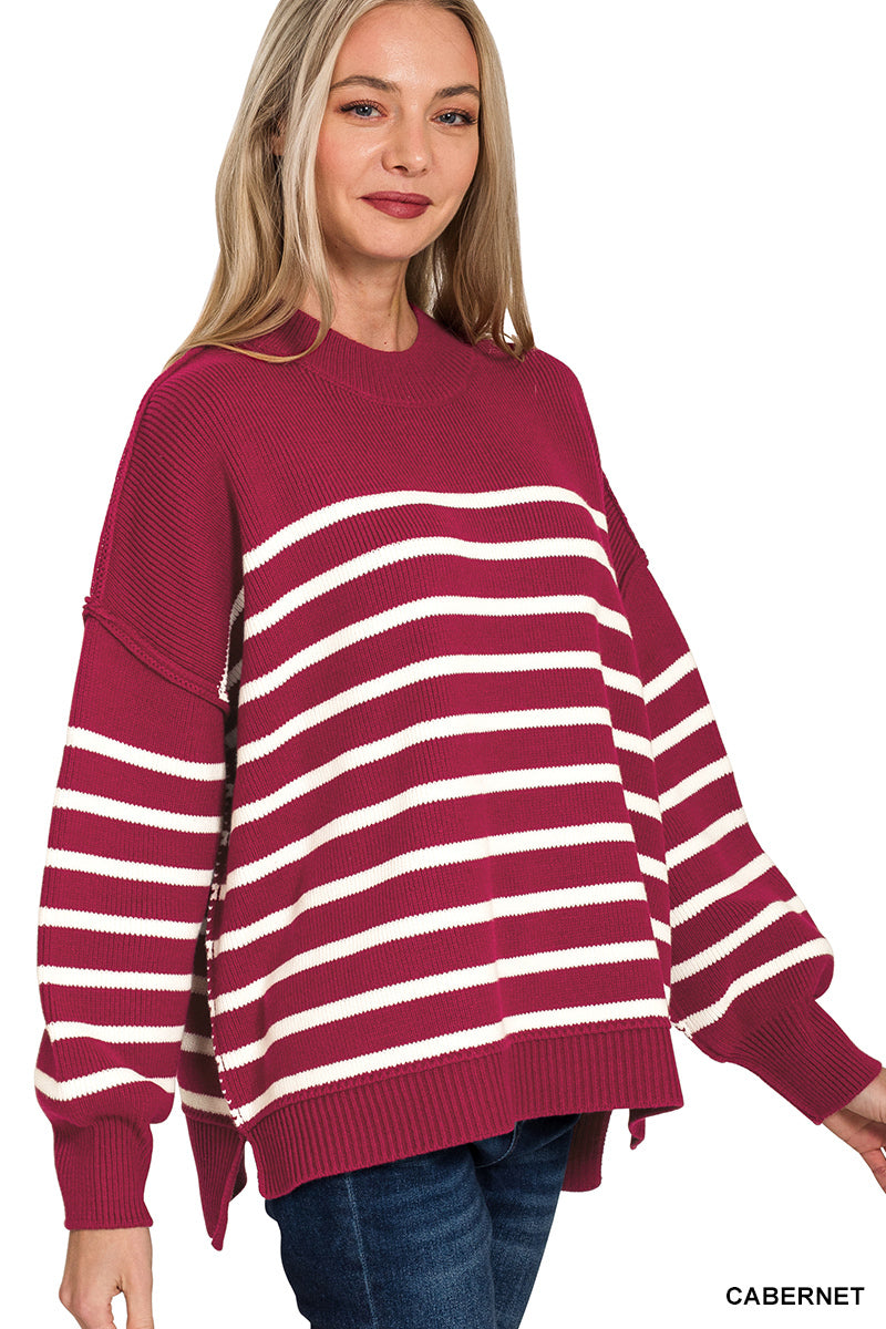 Exposed Seam Striped Oversized Sweater - Cabernet