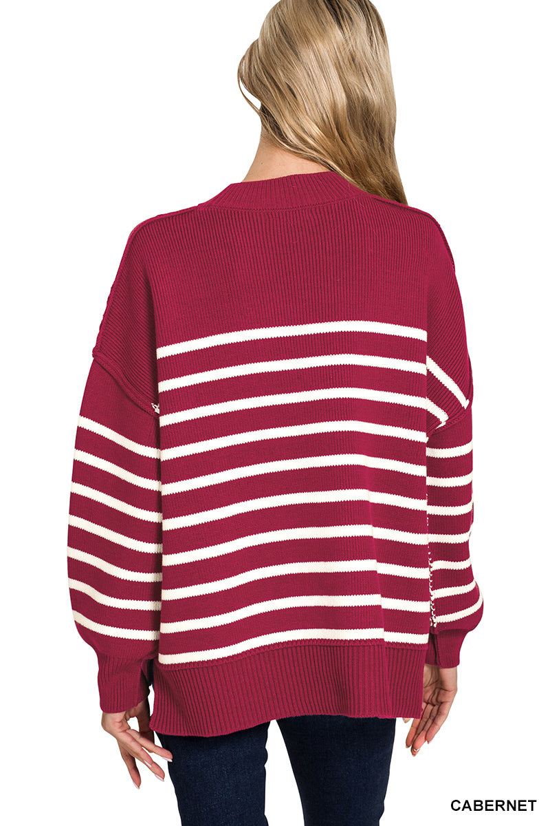 Exposed Seam Striped Oversized Sweater - Cabernet