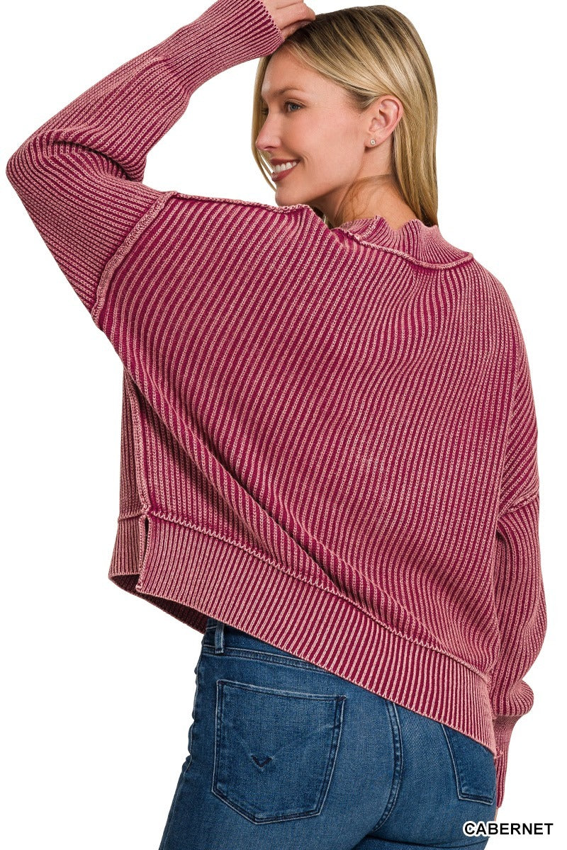 Side Slit Oversized Cropped Sweater - Cabernet