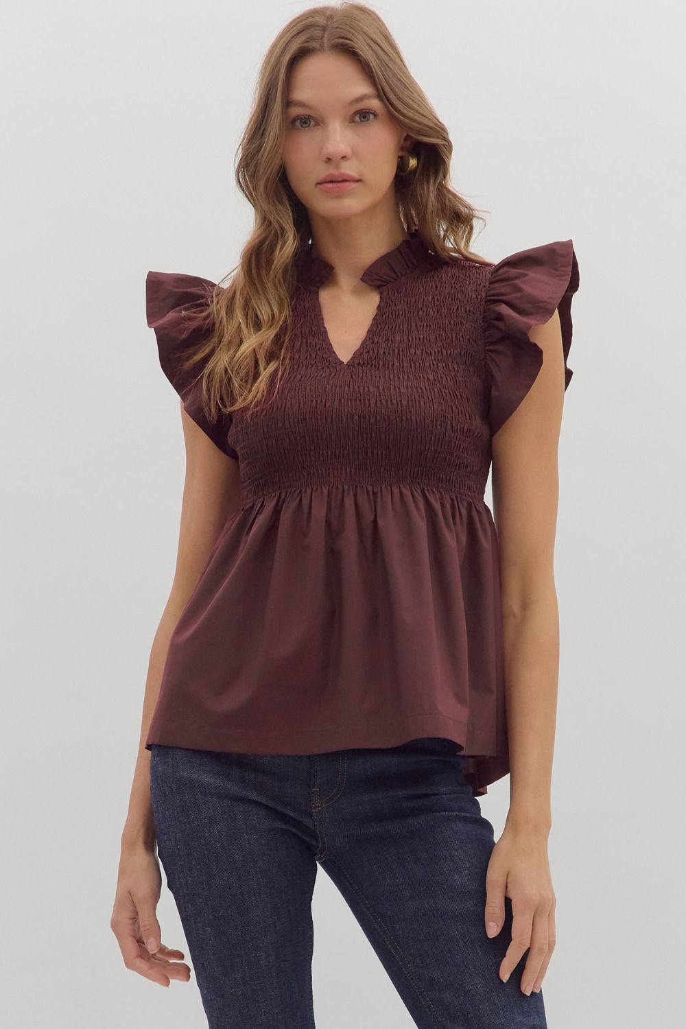 Flutter Sleeve Peplum Top - Wine
