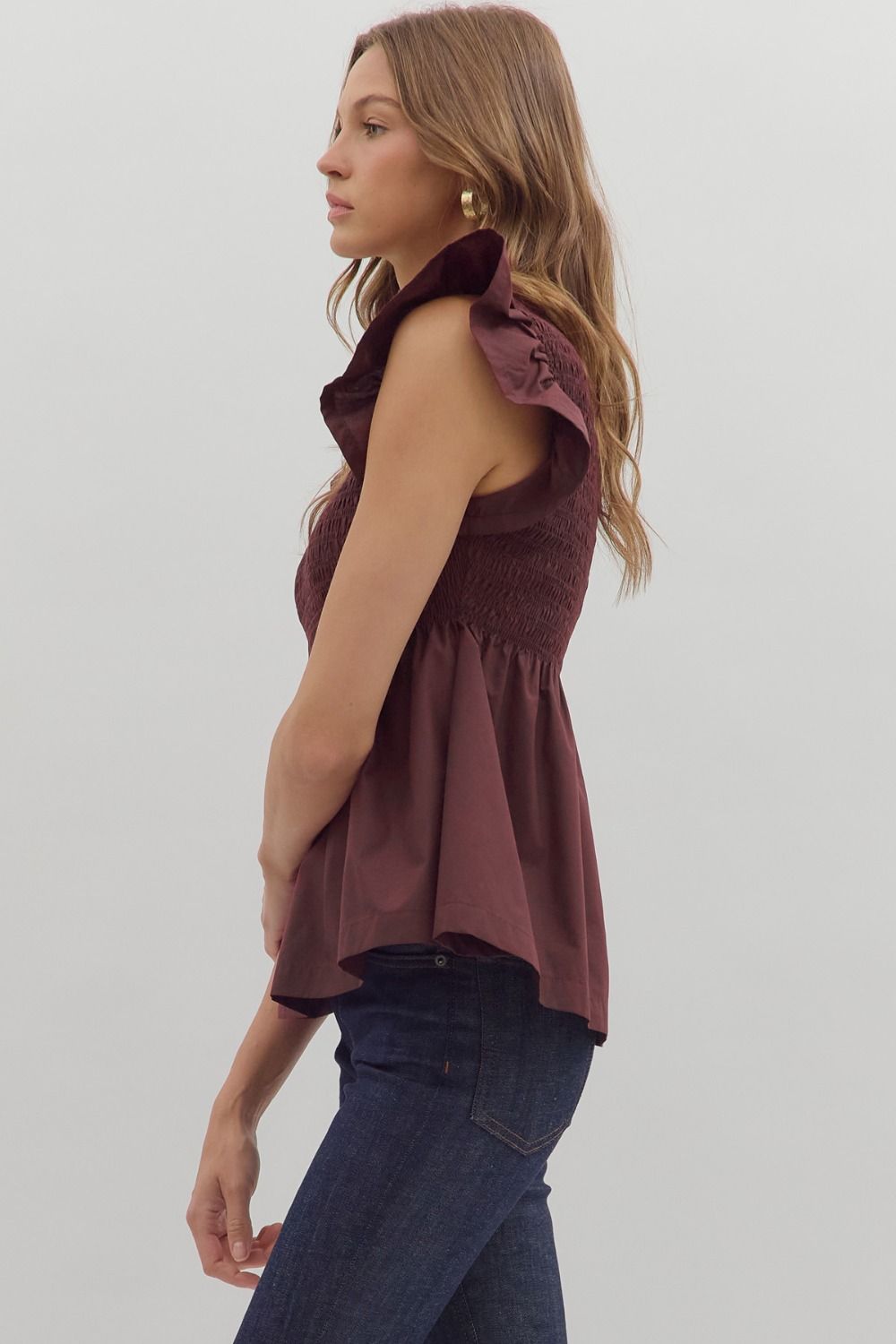Flutter Sleeve Peplum Top - Wine