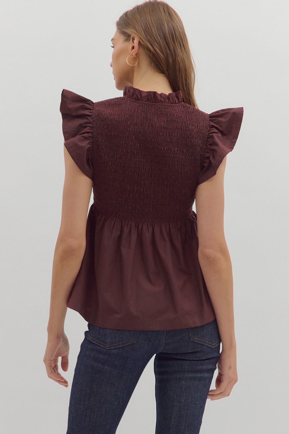 Flutter Sleeve Peplum Top - Wine