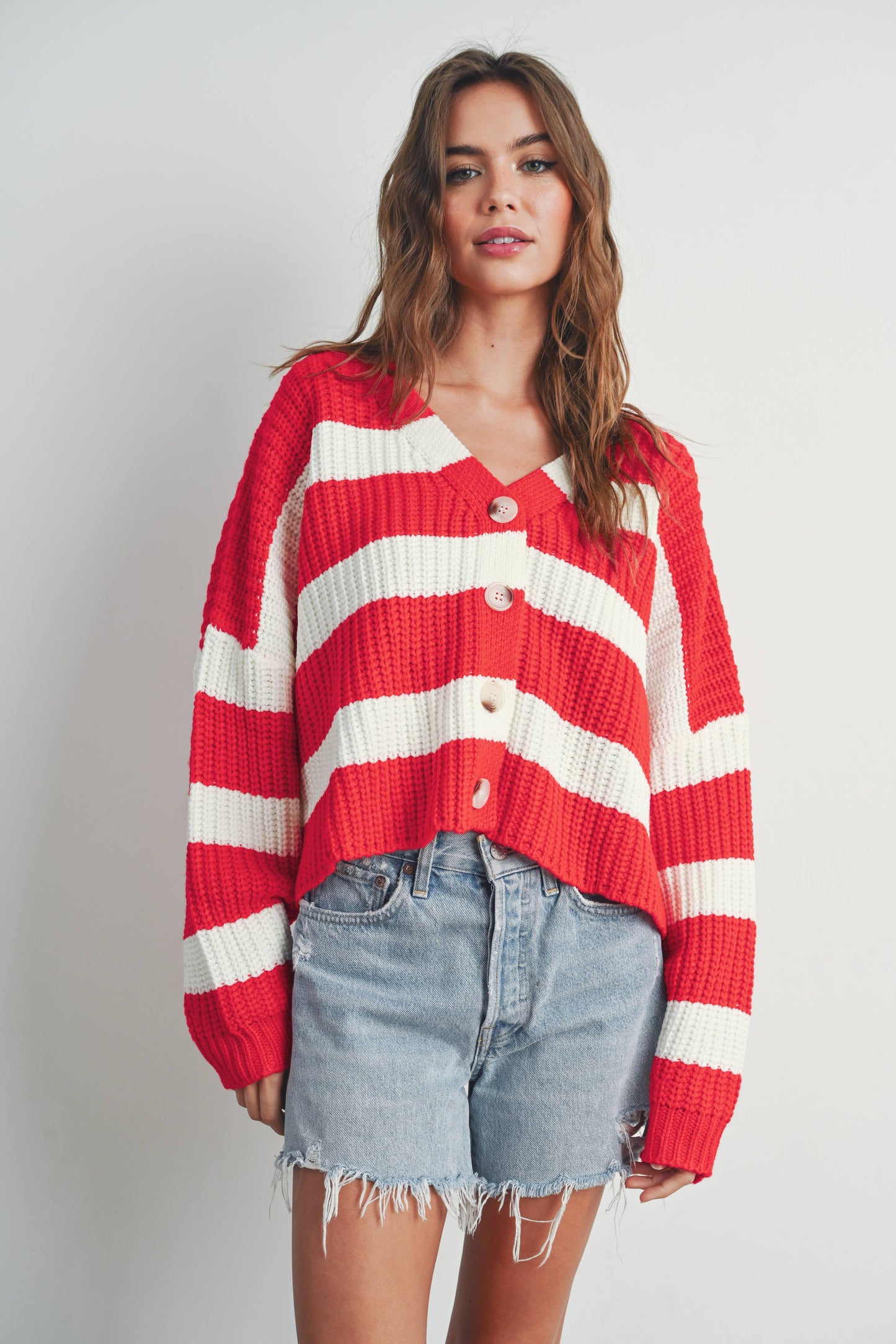 Striped V-Neck Cardigan with Buttons