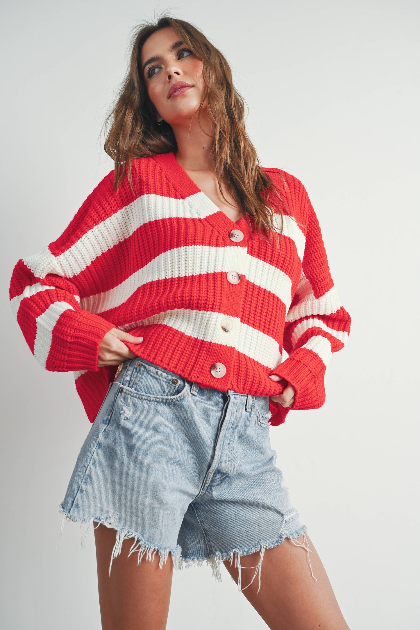 Striped V-Neck Cardigan with Buttons
