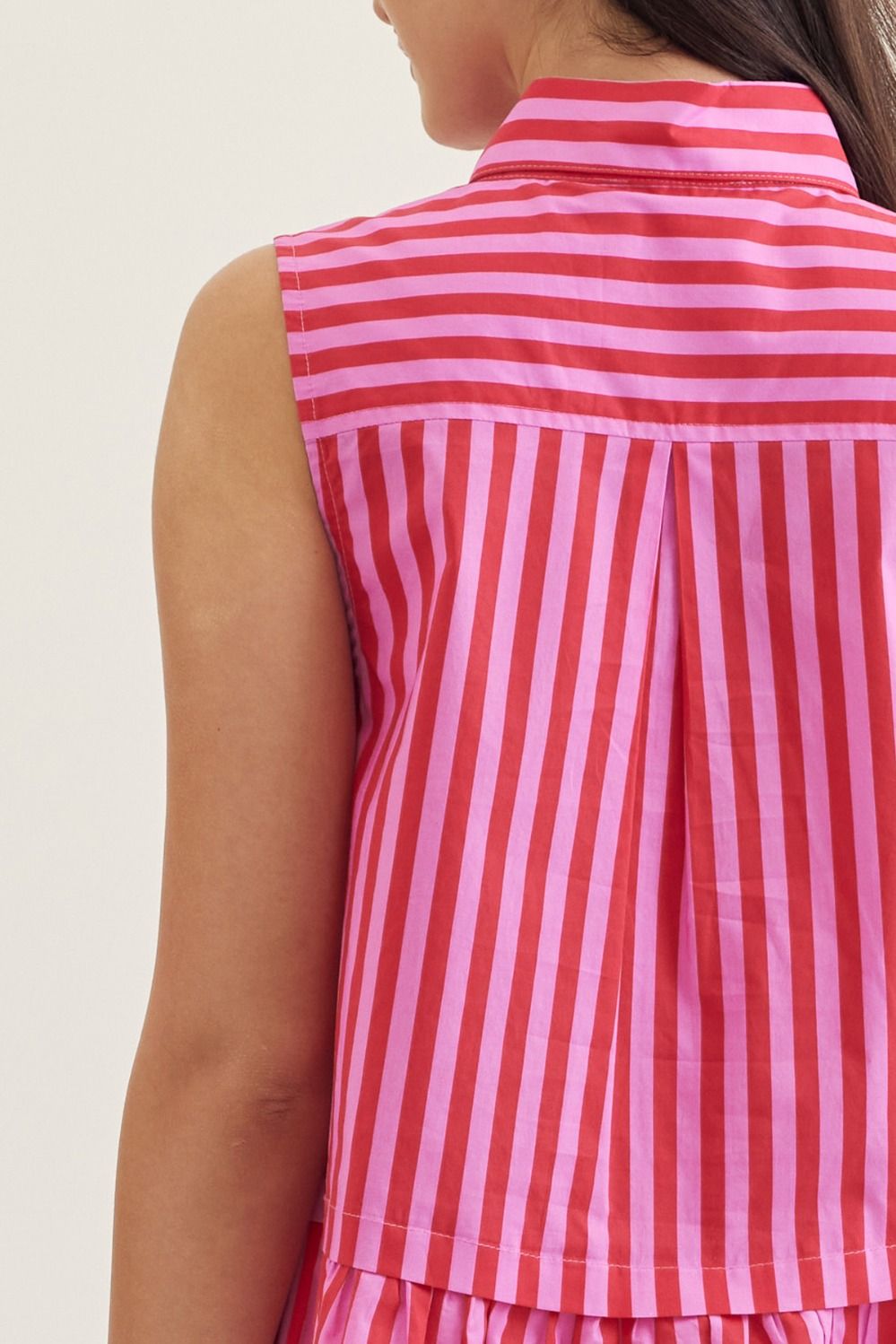 Striped Sleeveless Peplum Top w/ Tie Neck