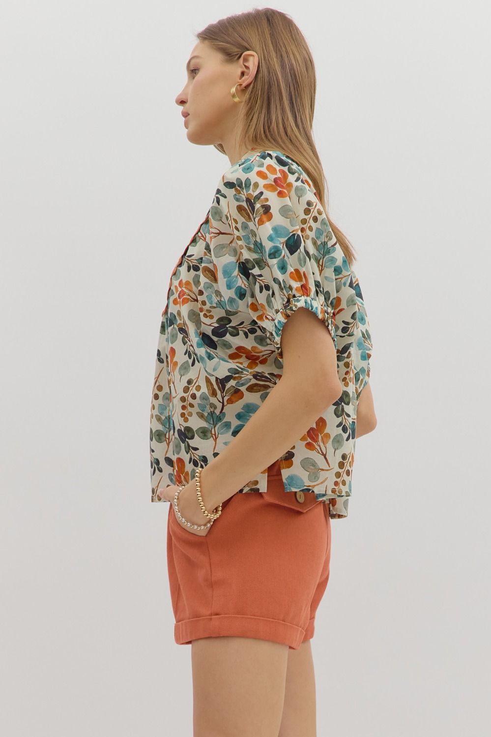 Scallop Trim Botanical Print Top - Ivory