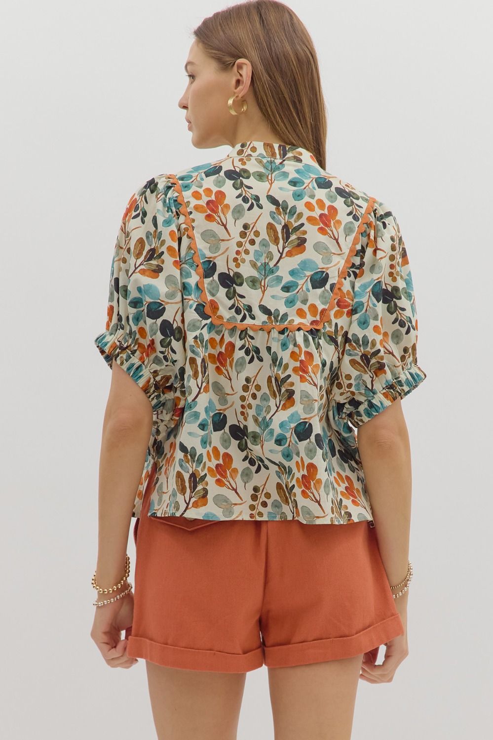 Scallop Trim Botanical Print Top - Ivory