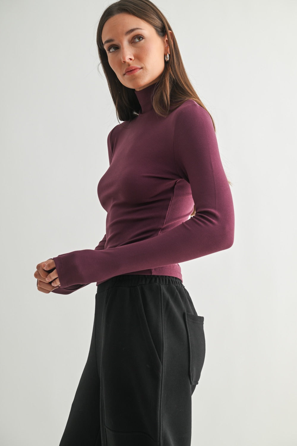 Micro Ribbed Long Sleeve Turtleneck - Dark Plum