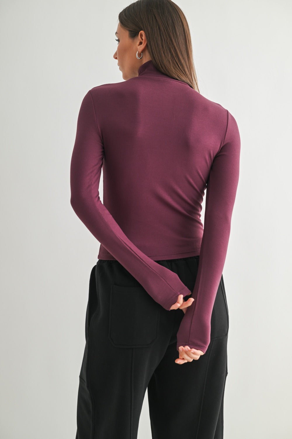 Micro Ribbed Long Sleeve Turtleneck - Dark Plum