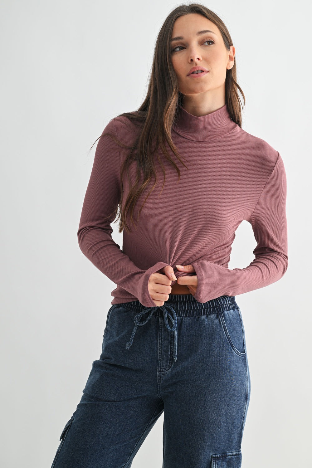 Micro Ribbed Long Sleeve Turtleneck - Rose Taupe