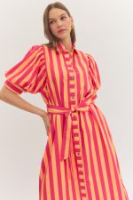 Striped Short Puff Sleeve Midi Dress