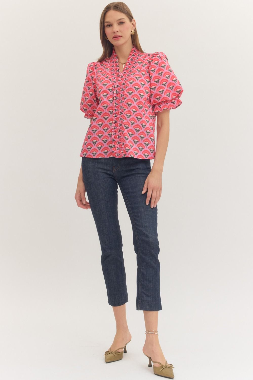 Geometric Print Short Puff Sleeve Top