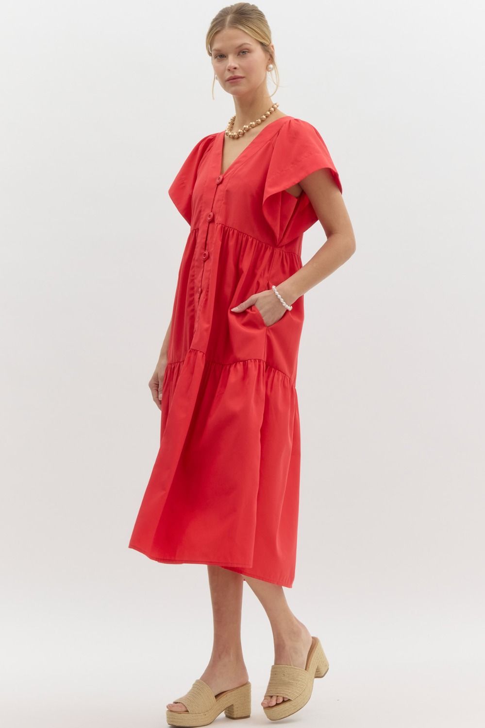 Tiered Midi Dress with Flutter Sleeves