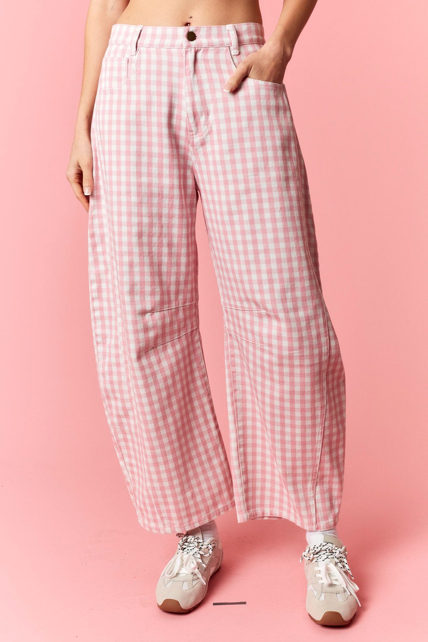 Washed Gingham Printed Twill Barrel Pants