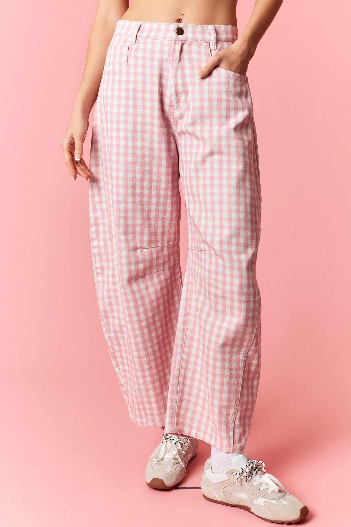 Washed Gingham Printed Twill Barrel Pants