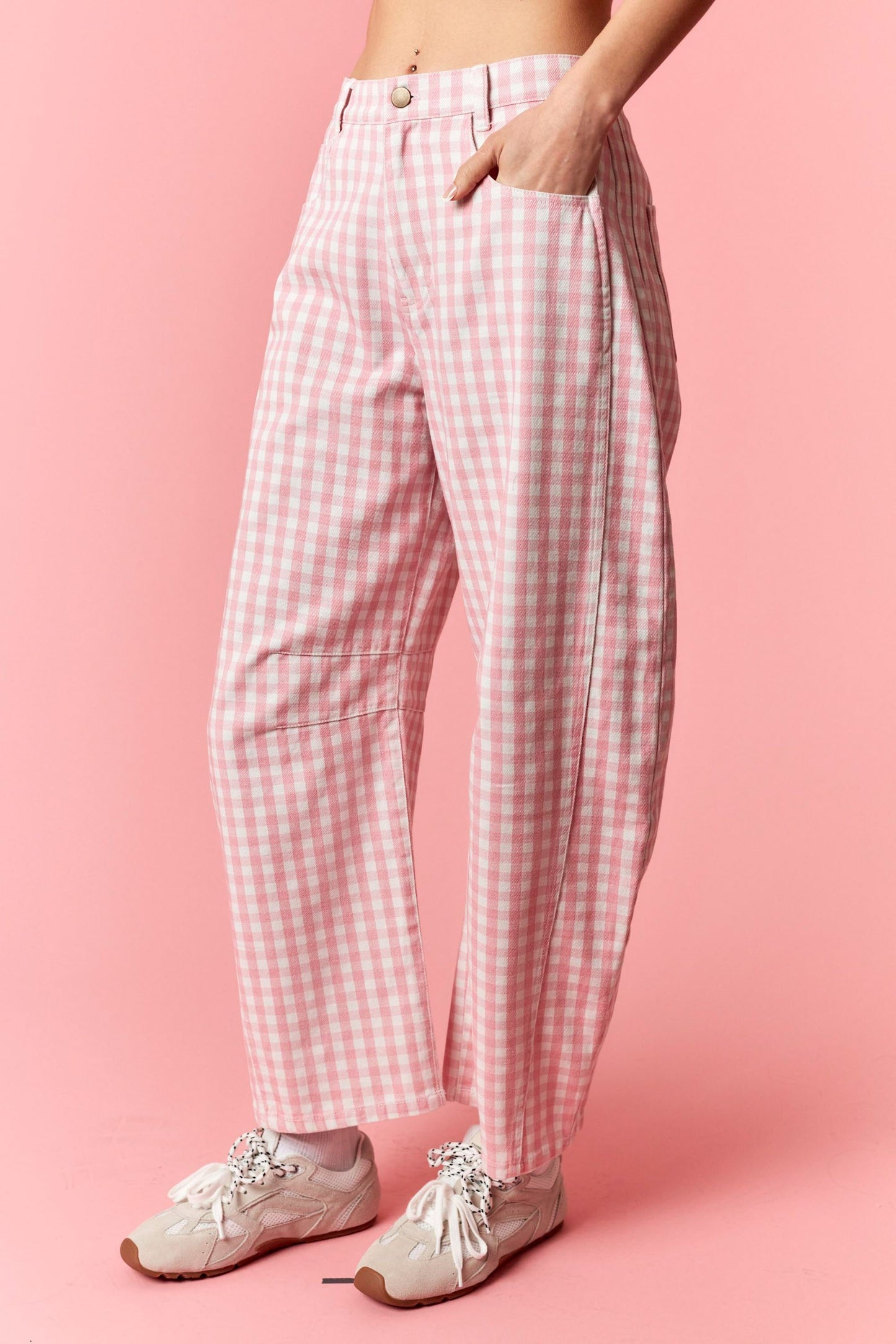 Washed Gingham Printed Twill Barrel Pants