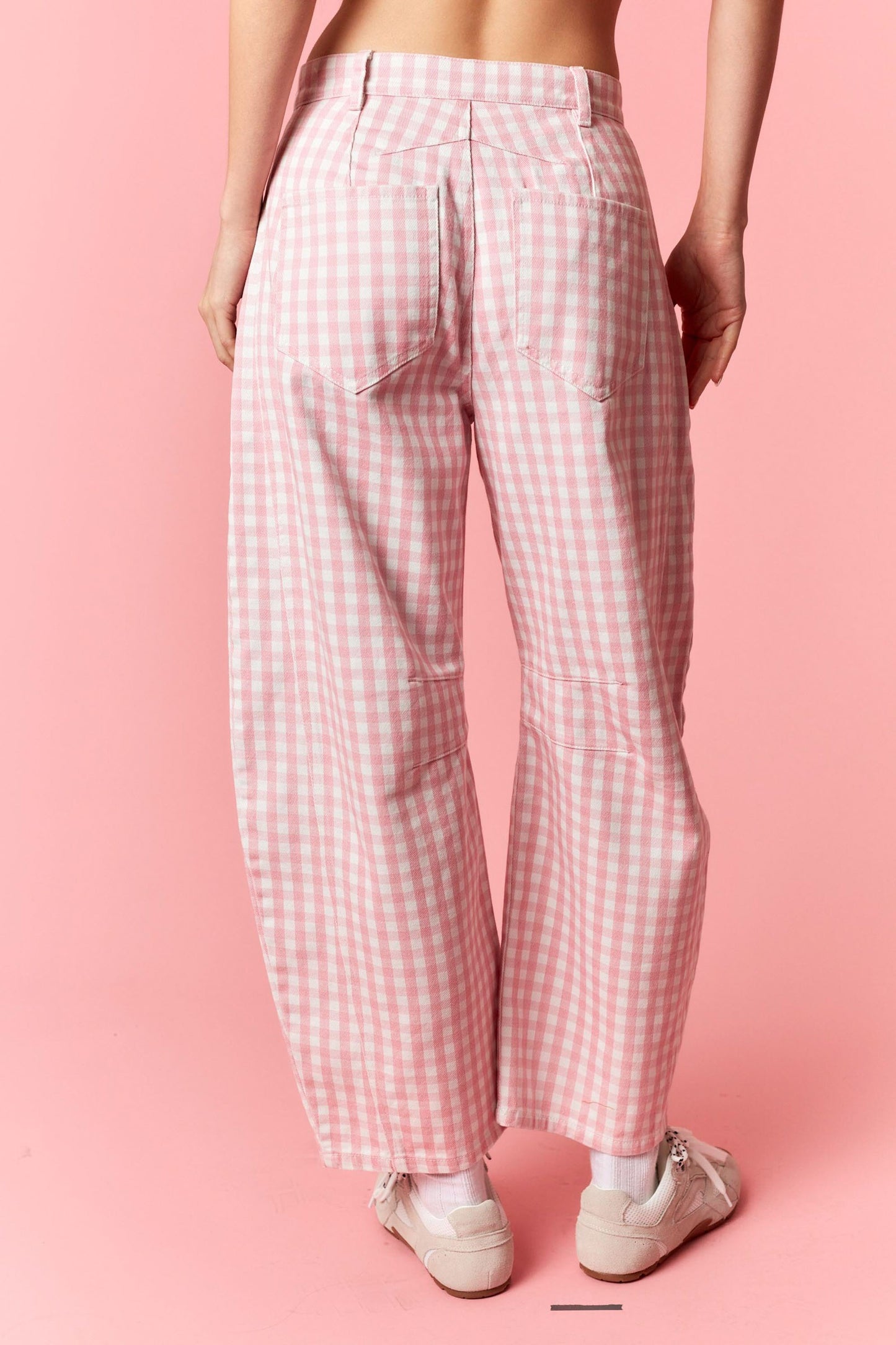 Washed Gingham Printed Twill Barrel Pants