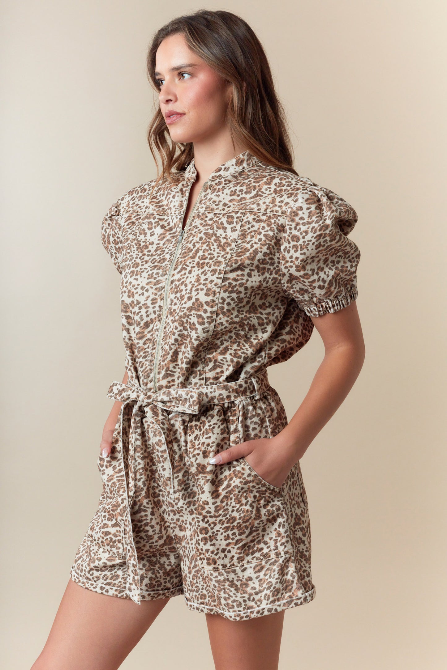 Washed Denim Leopard Print Zipper Romper