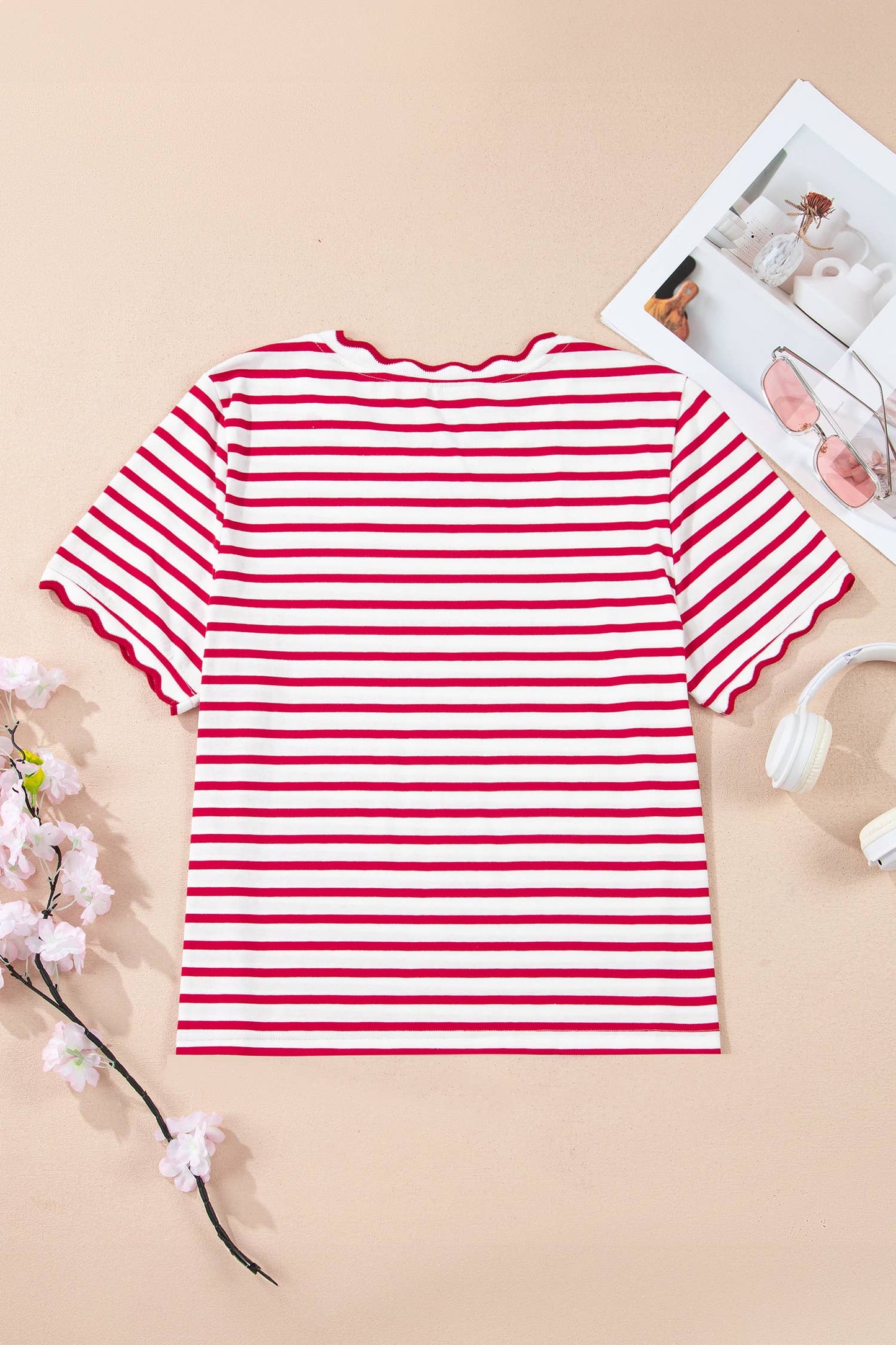 Stripe Scalloped Trim Round Neck T-Shirt