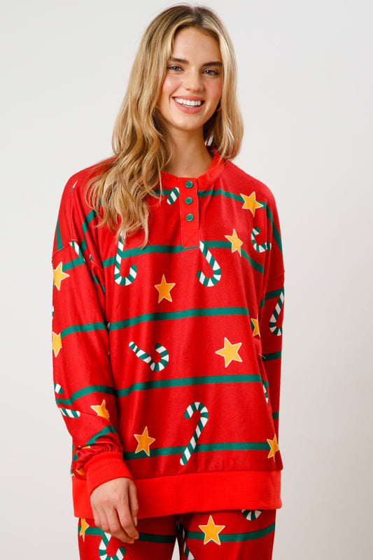 Starry Candy Cane Print Pj Henley Top