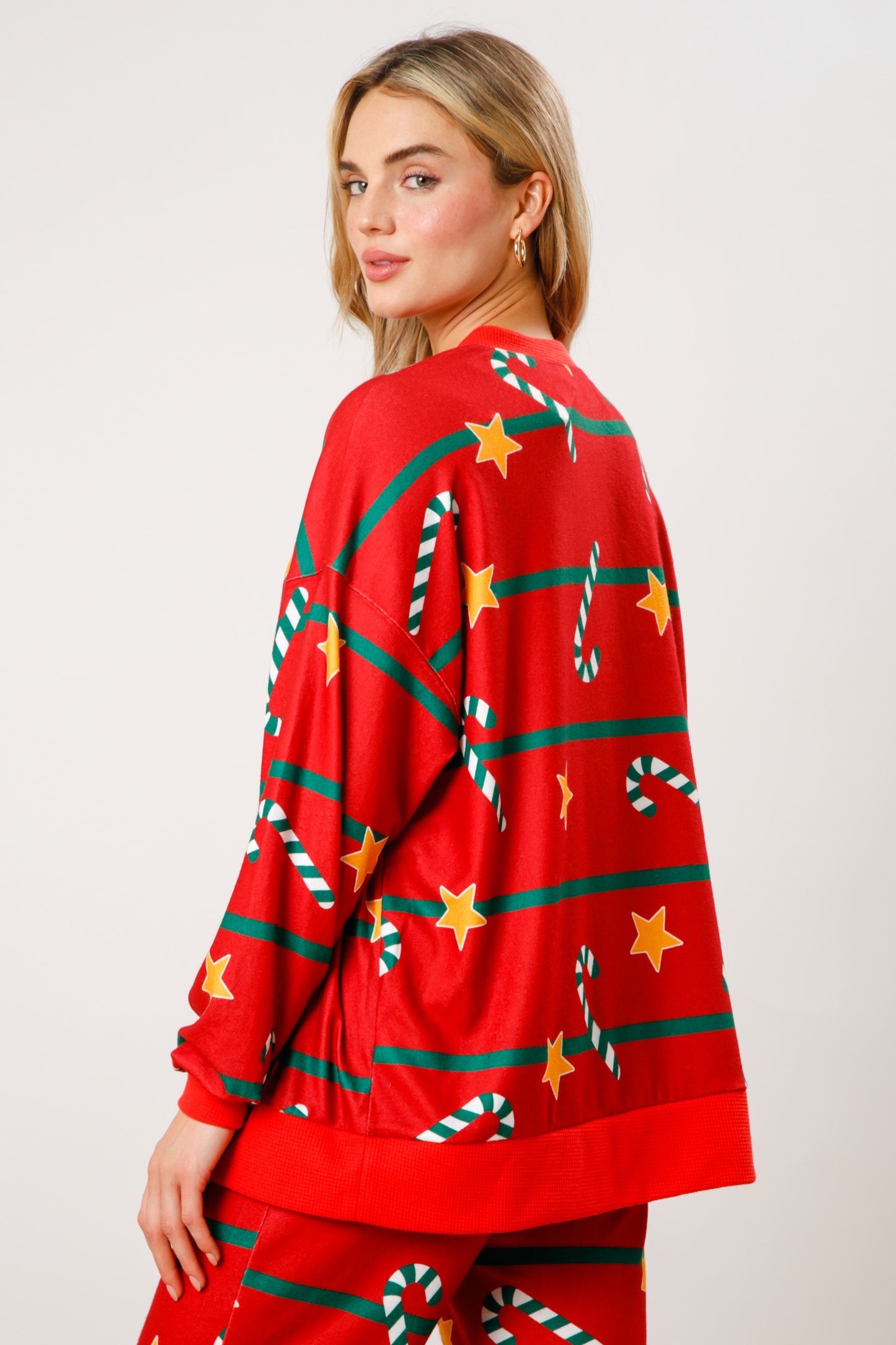 Starry Candy Cane Print Pj Henley Top