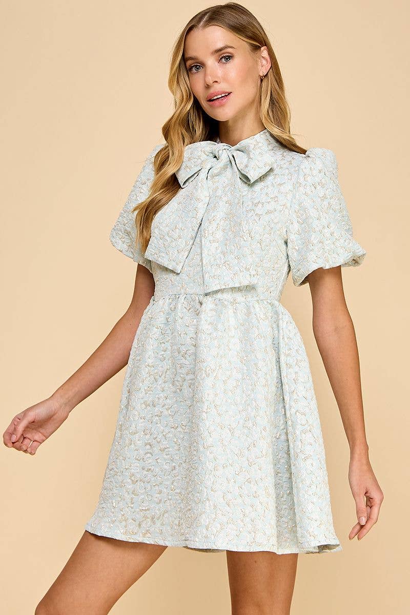 Jacquard Puff Sleeve Bow Detail Dress