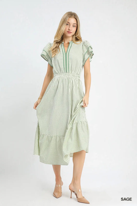 Striped Flutter Sleeve Midi Dress