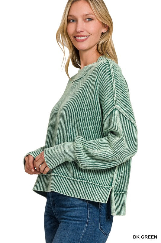 Side Slit Oversized Cropped Sweater - Dk Green