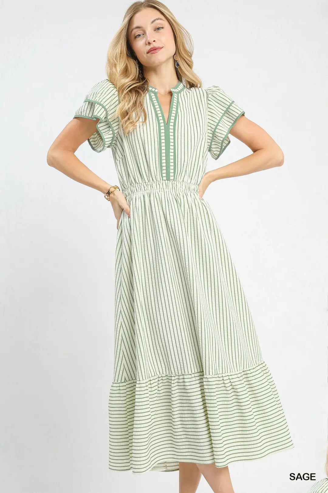Striped Flutter Sleeve Midi Dress