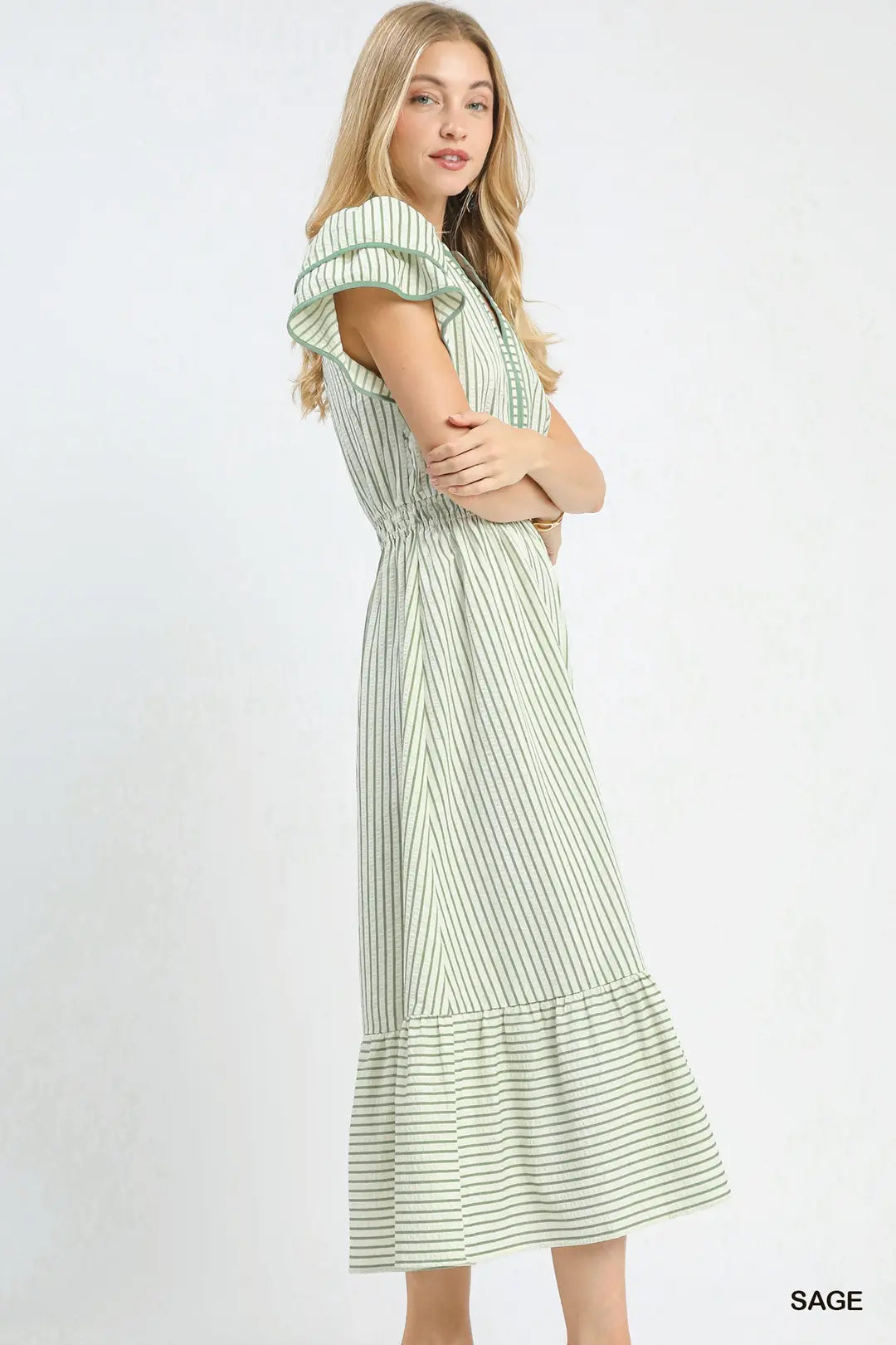 Striped Flutter Sleeve Midi Dress
