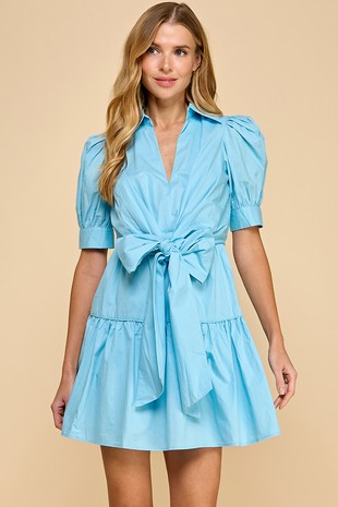 Poplin Collared V Neckline Waist Bow Dress