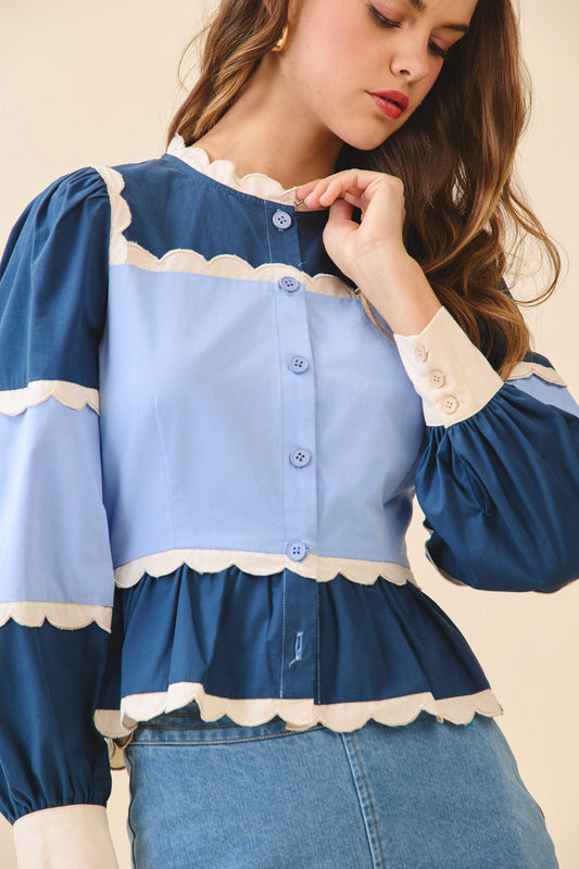 Color Block Scalloped Detail Peplum Top