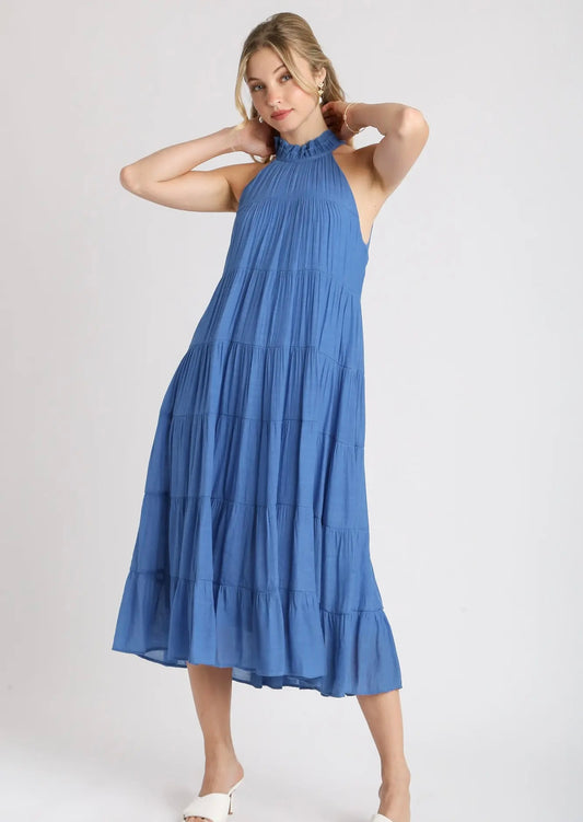 Blue Halter Neck Midi Dress