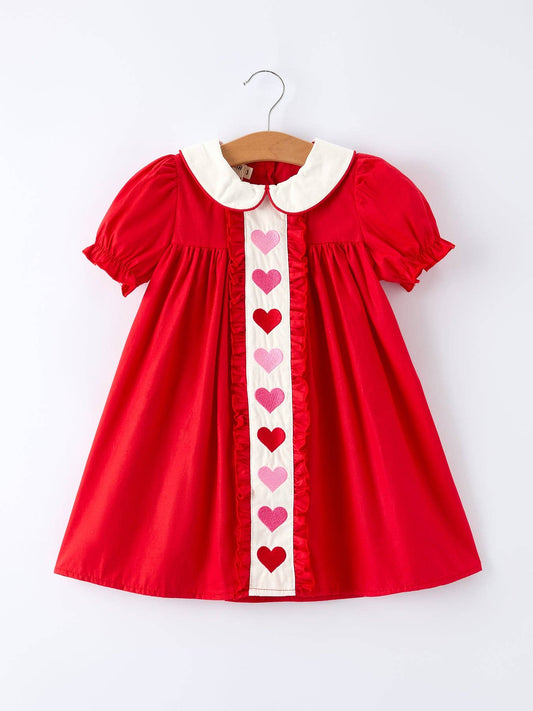 Red Ruffle Heart Embroidered Girls Dress - Valentine Style