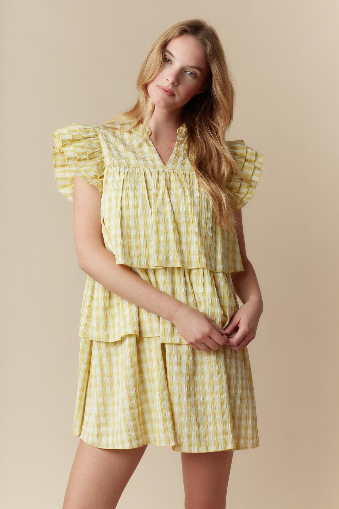Gingham Tiered Mini Dress with Ruffle Sleeve