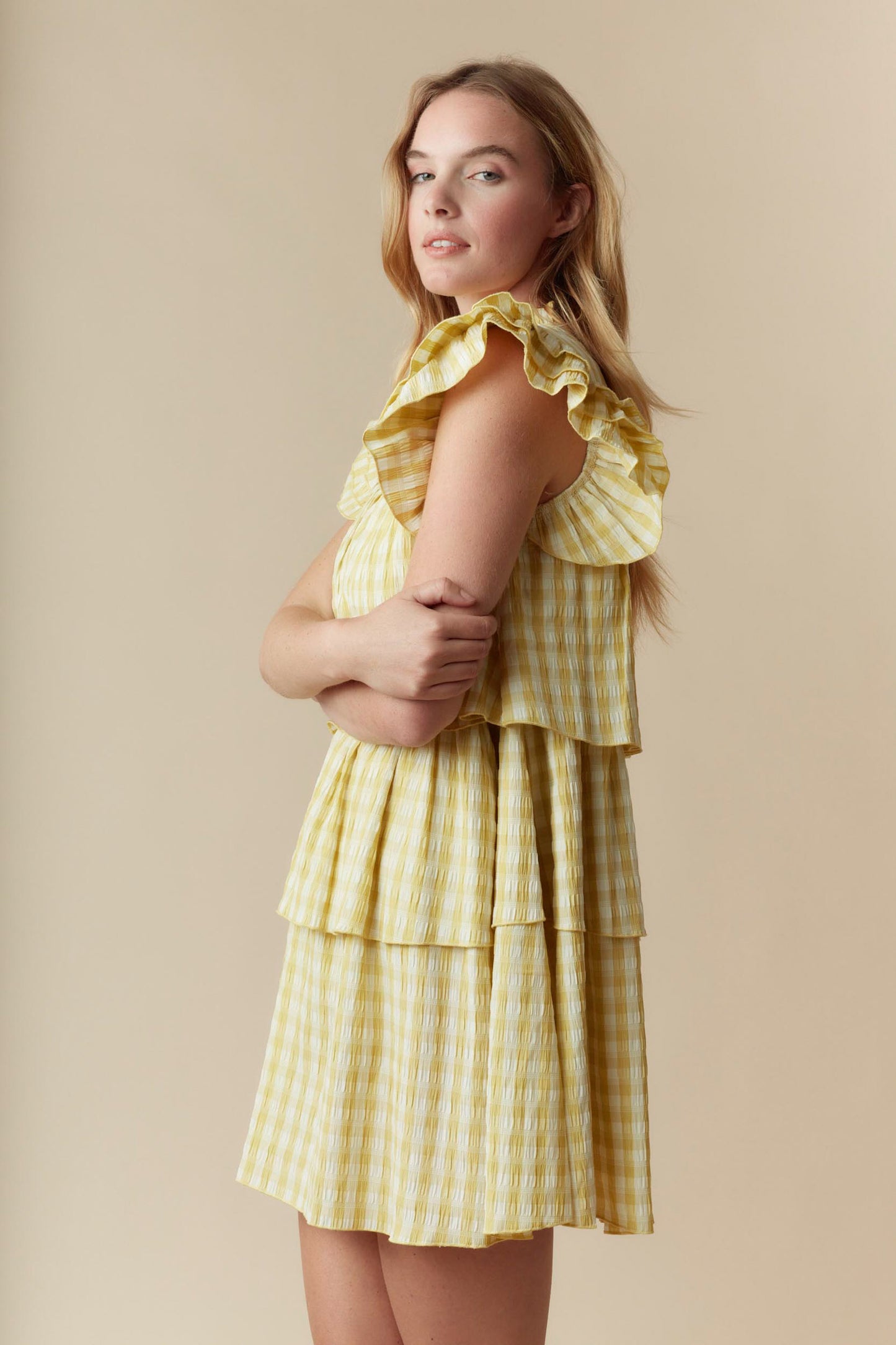 Gingham Tiered Mini Dress with Ruffle Sleeve