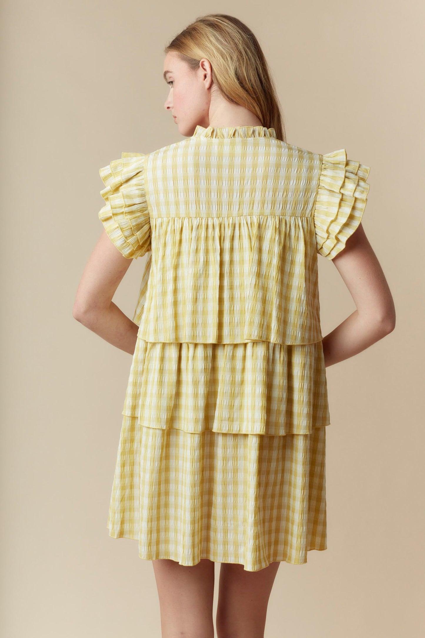 Gingham Tiered Mini Dress with Ruffle Sleeve