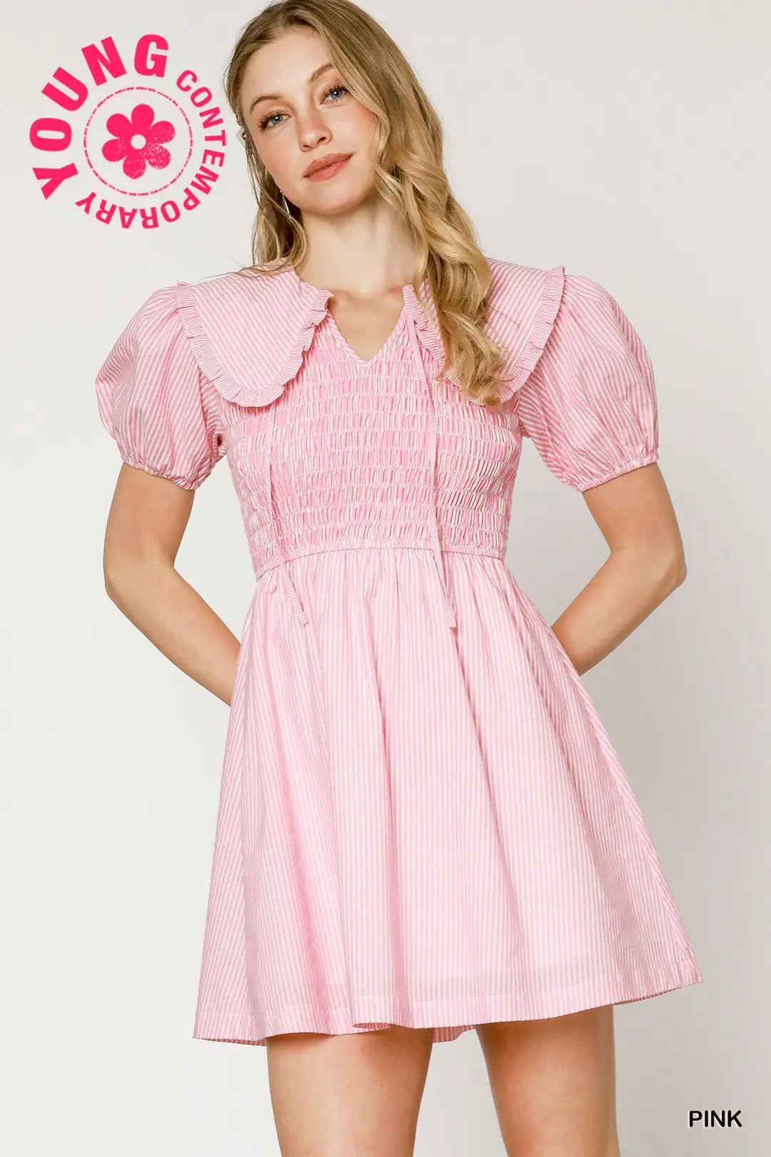 Striped Smocked Mini Dress with Oversized Collar