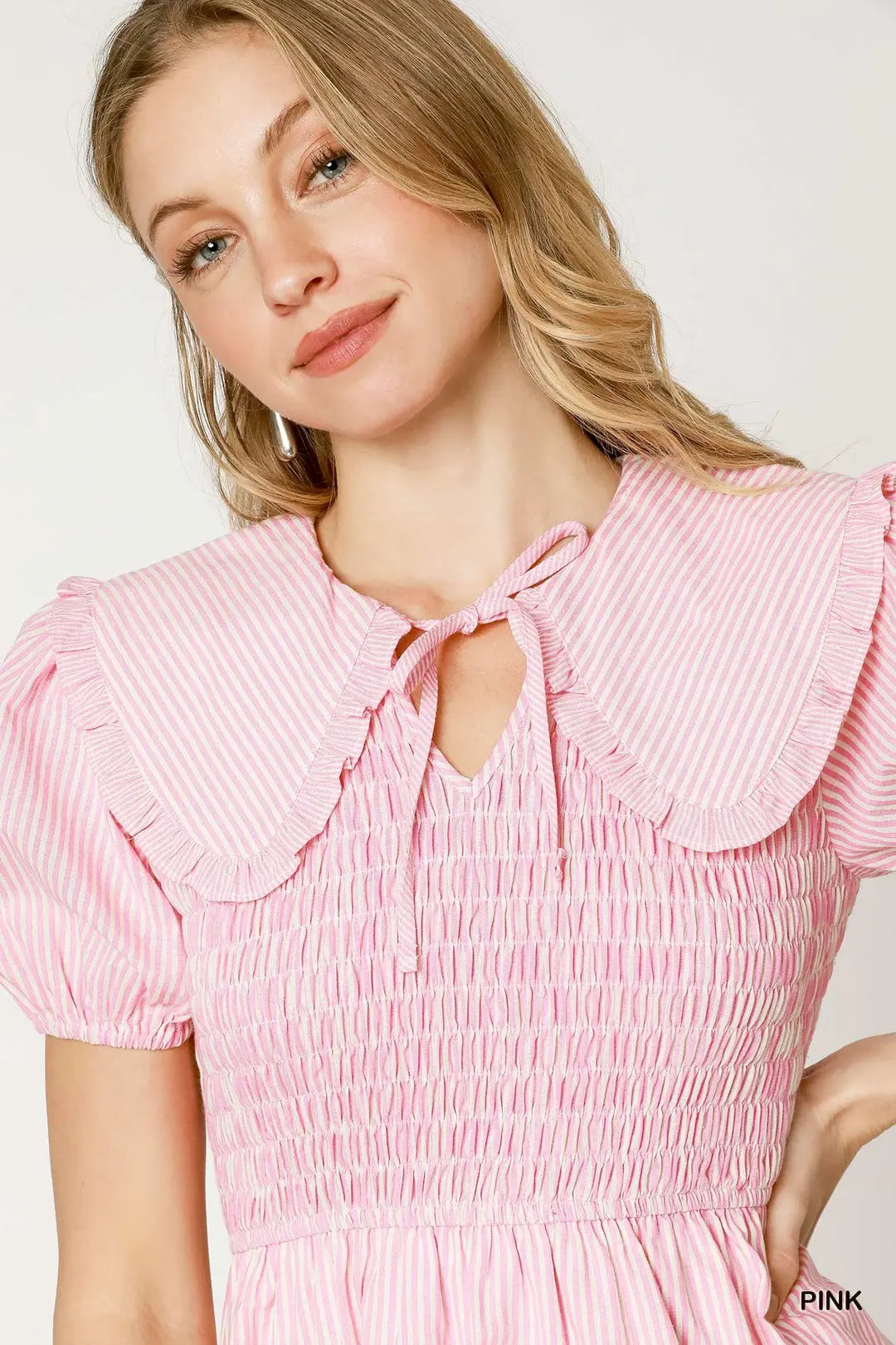 Striped Smocked Mini Dress with Oversized Collar