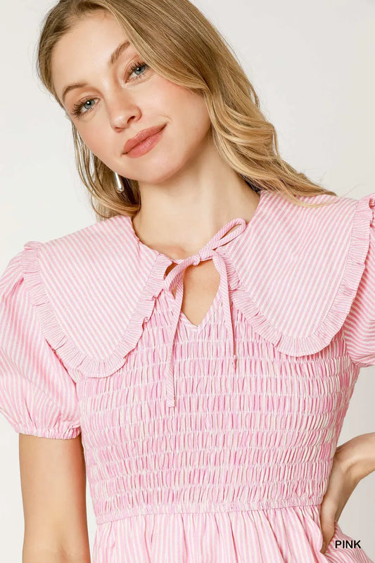 Striped Smocked Mini Dress with Oversized Collar