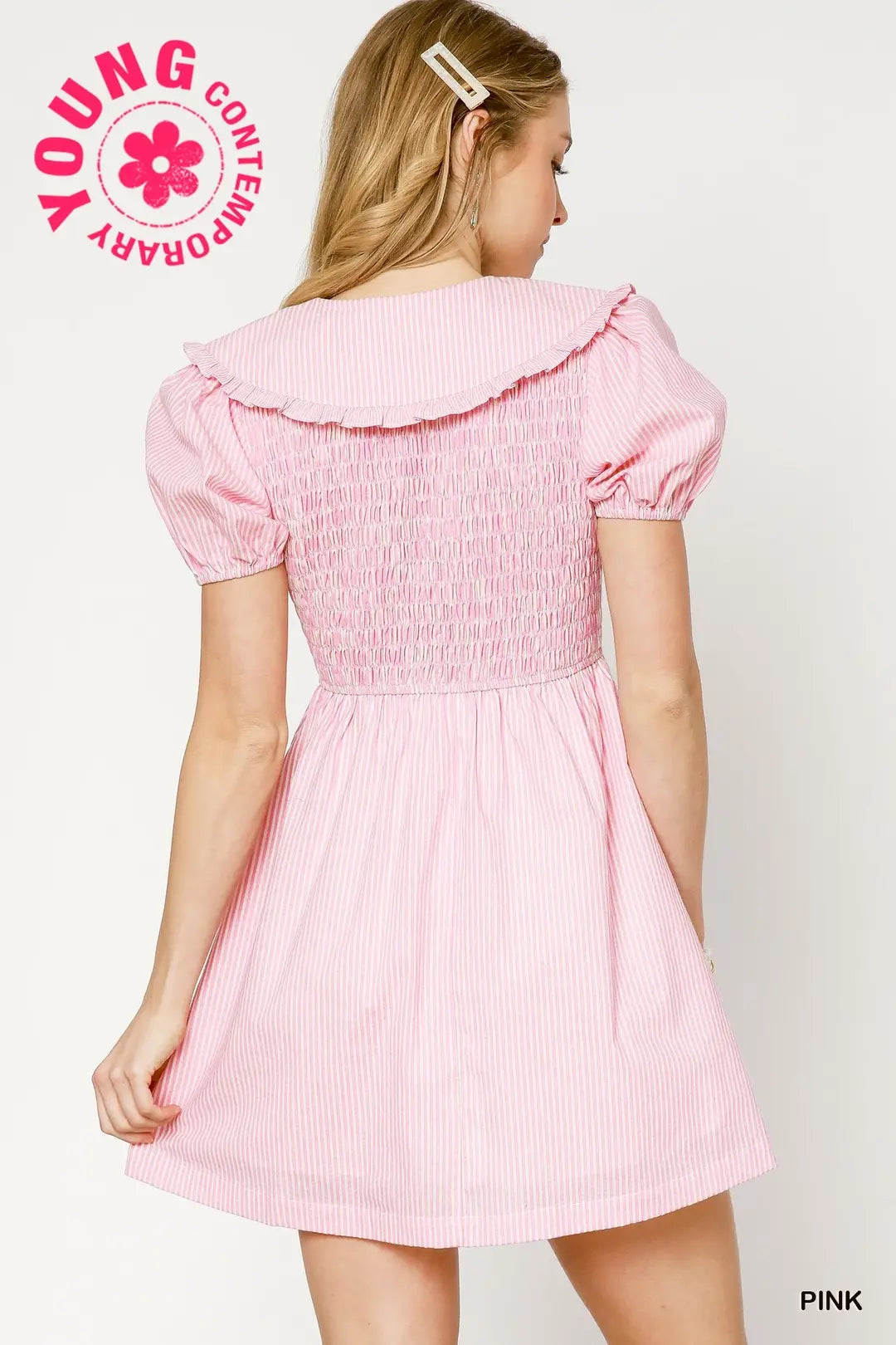 Striped Smocked Mini Dress with Oversized Collar