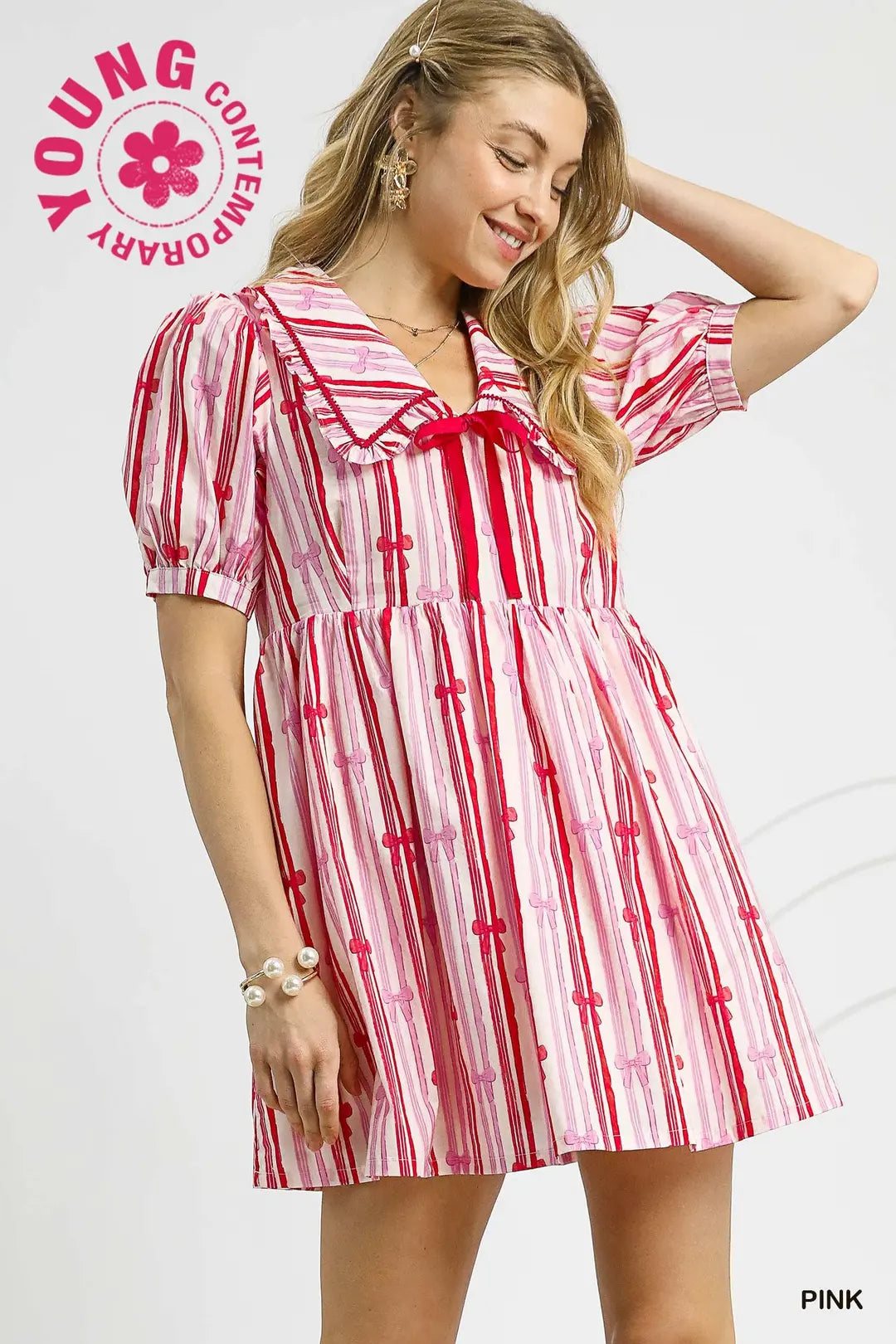 Striped Bow Print Baby Doll Dress