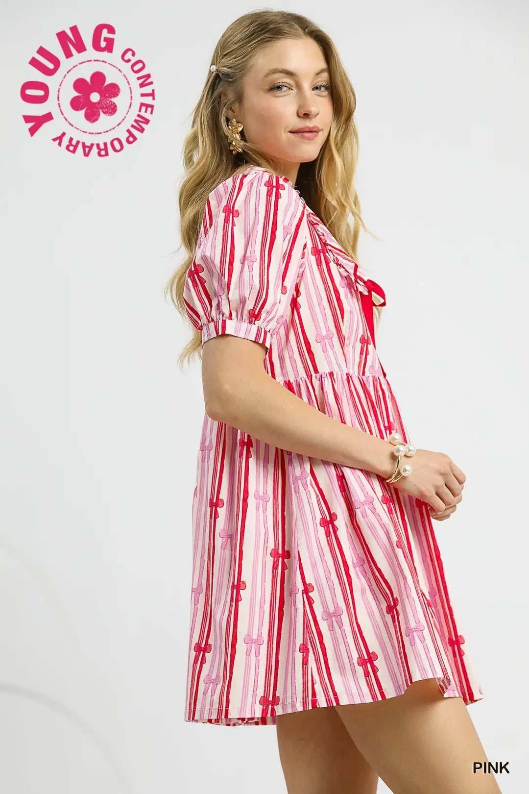 Striped Bow Print Baby Doll Dress
