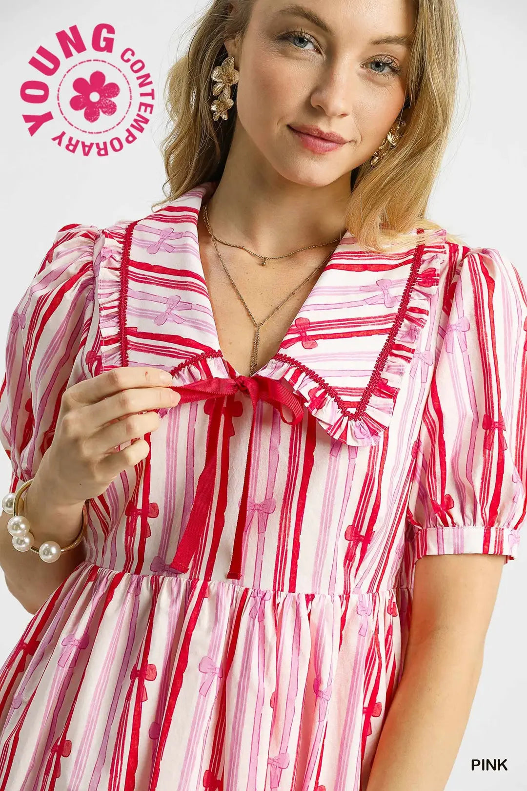 Striped Bow Print Baby Doll Dress