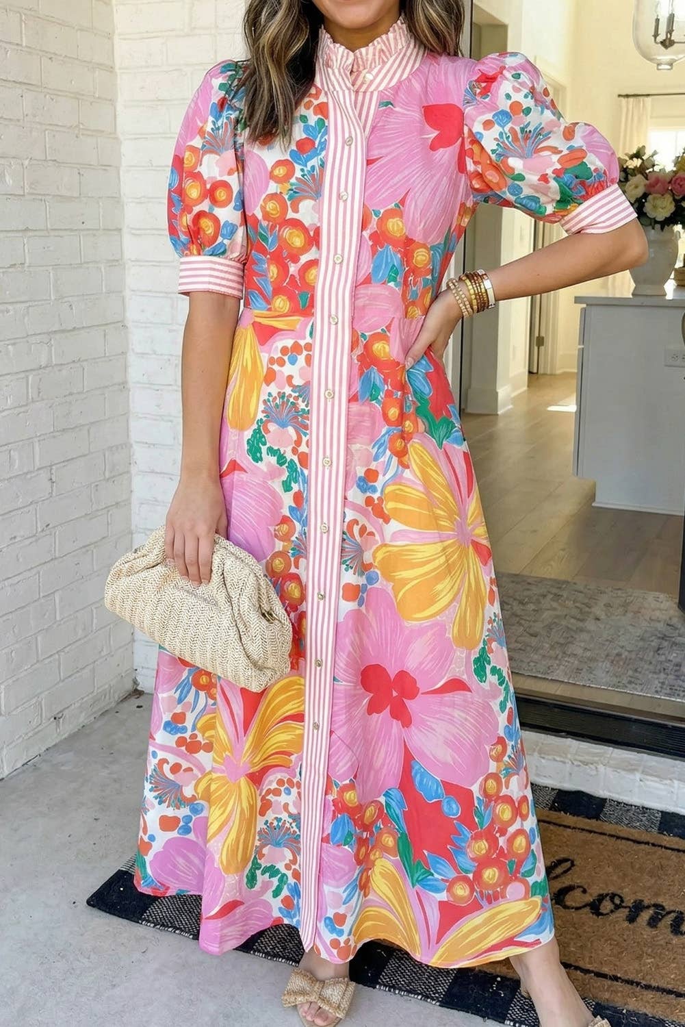 Floral Striped Trim Button Down Dress