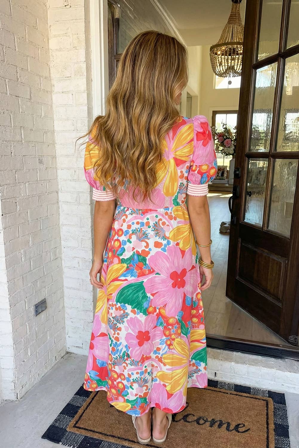 Floral Striped Trim Button Down Dress