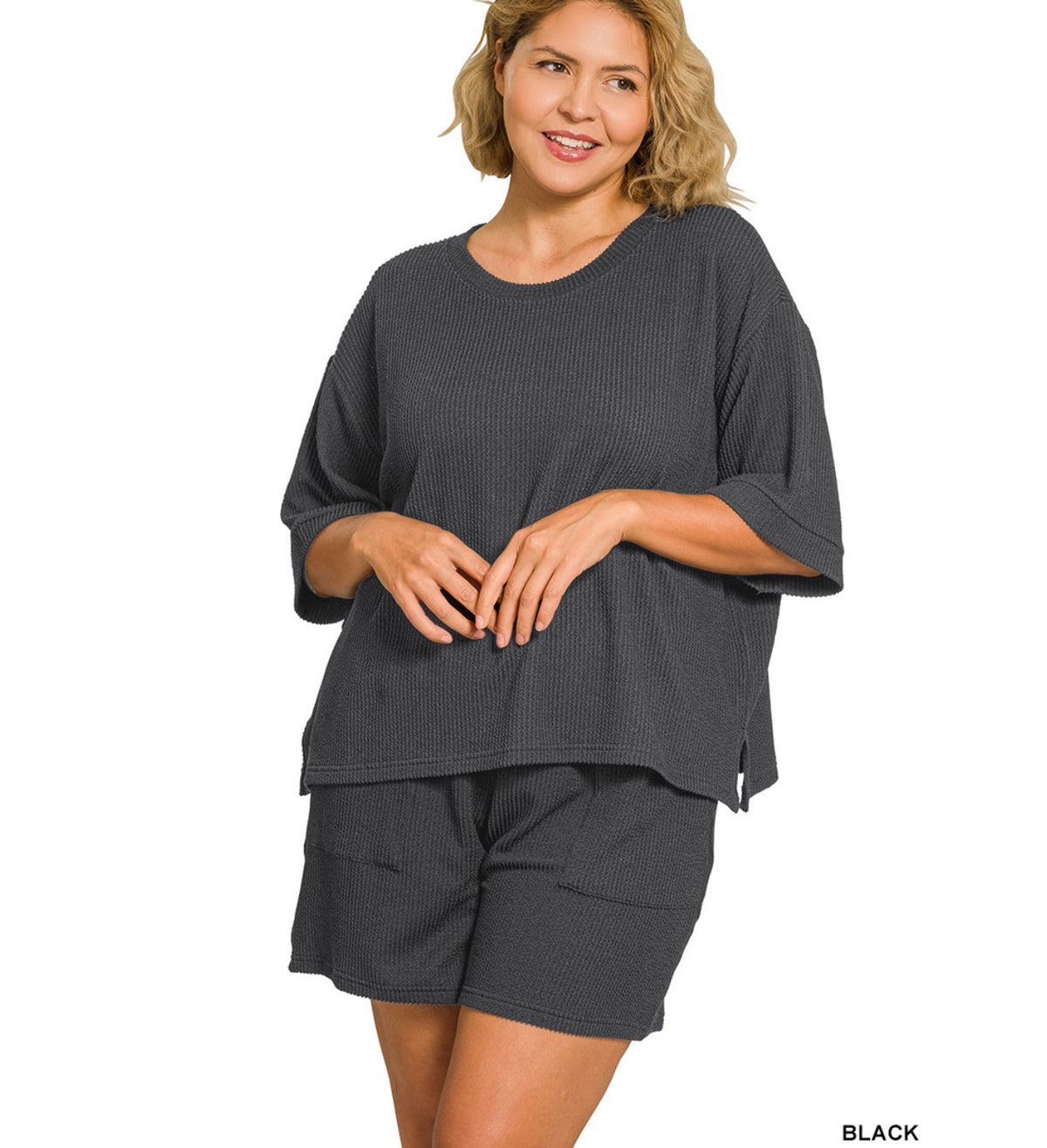 Plus Raised Rib Short Sleeve Tee & Shorts Set